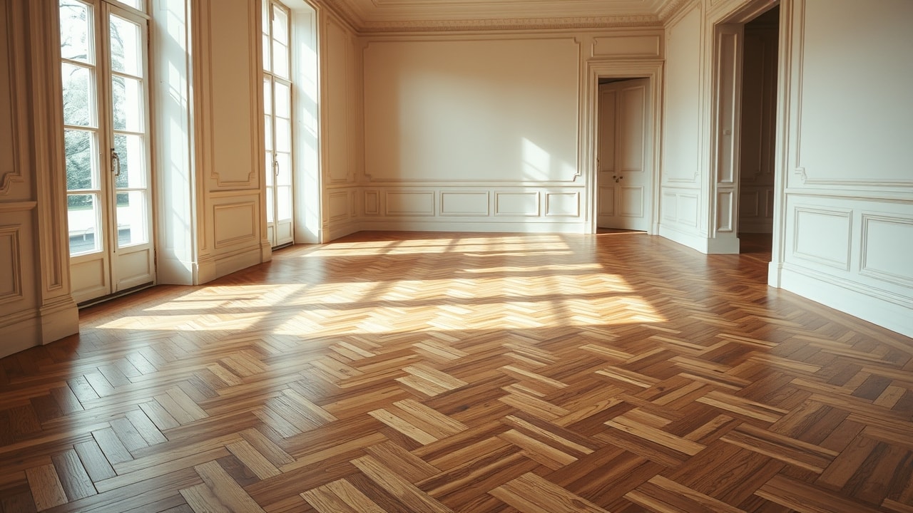 Parquet en chêne posé en point de Hongrie dans une pièce ancienne