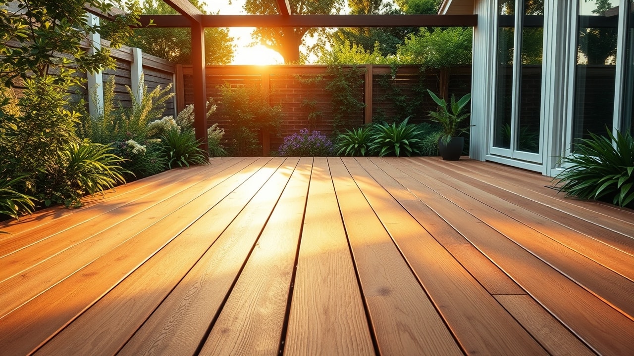 Terrasse en bois posée dans un jardin