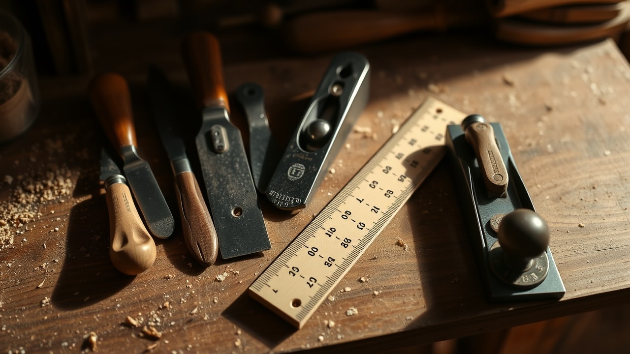 Outils de menuisier rangés sur un établi en bois