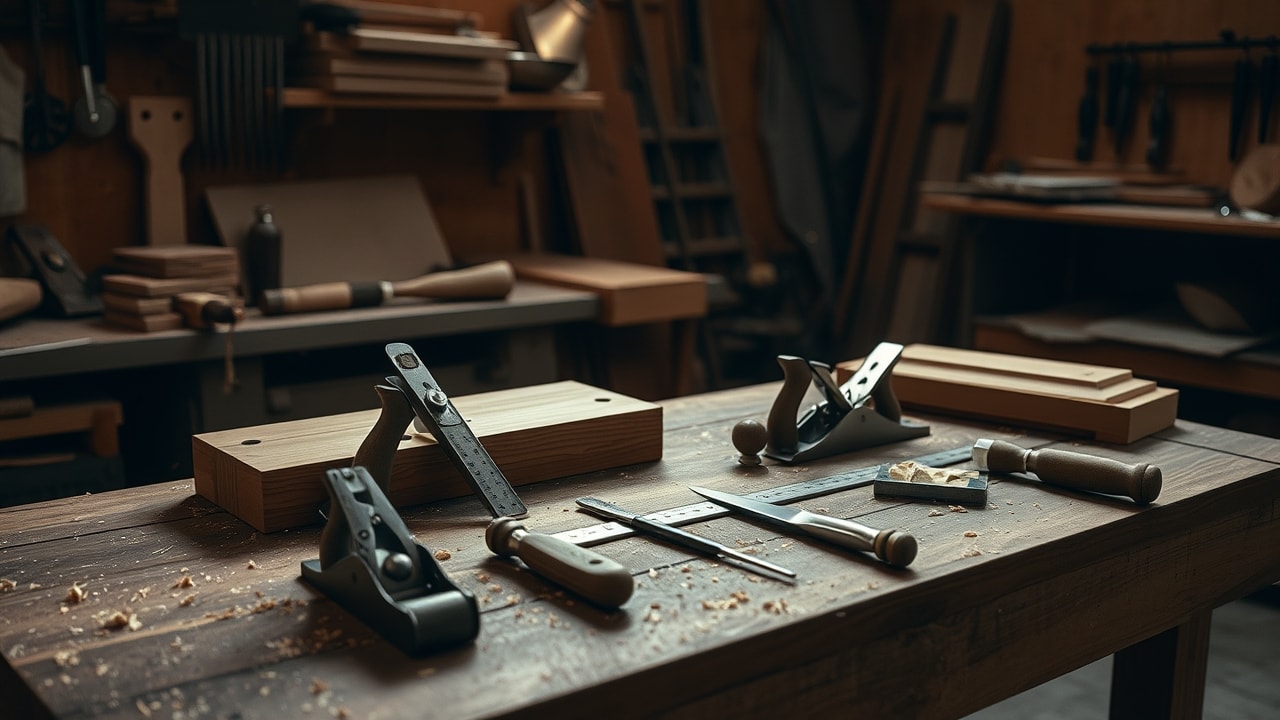 Établi de menuisier avec outils et pièce de bois en cours de façonnage