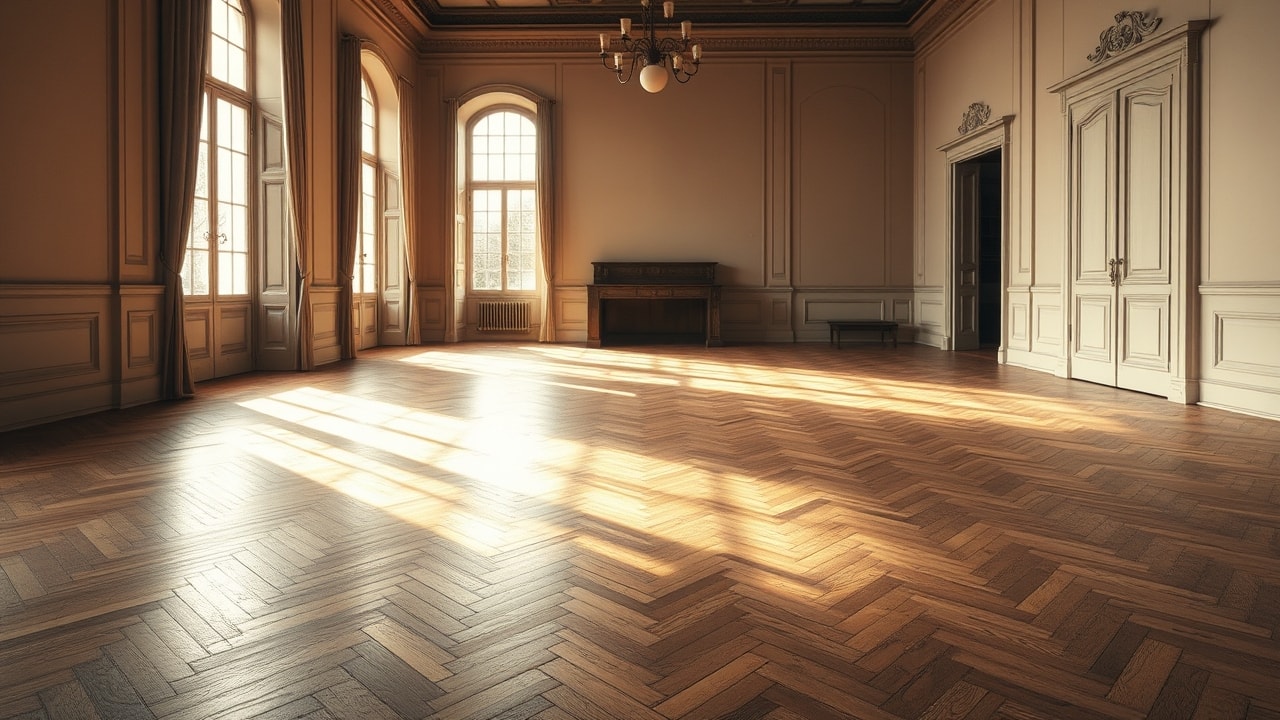 Parquet en chêne posé en point de Hongrie dans une pièce ancienne