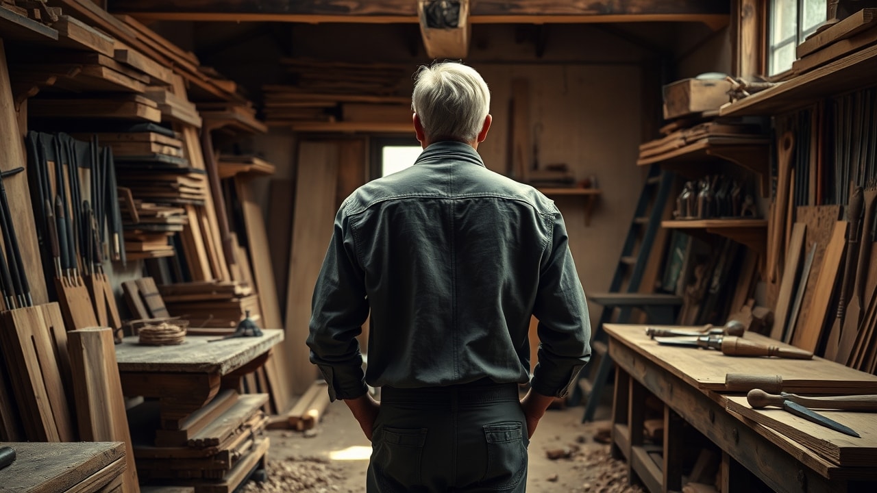 Le menuisier dans son atelier, entouré de bois et d'outils