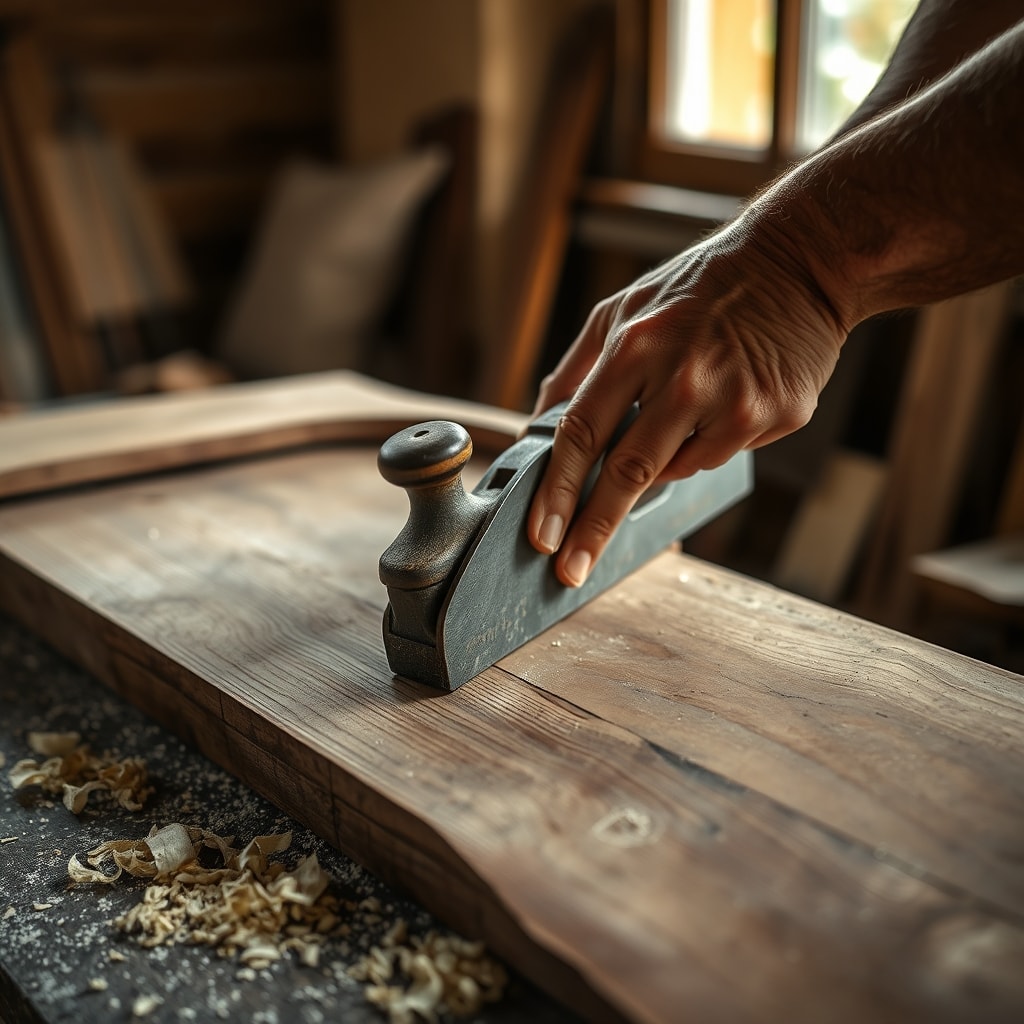 Mains d'un menuisier travaillant une pièce de chêne ancien à l'établi
