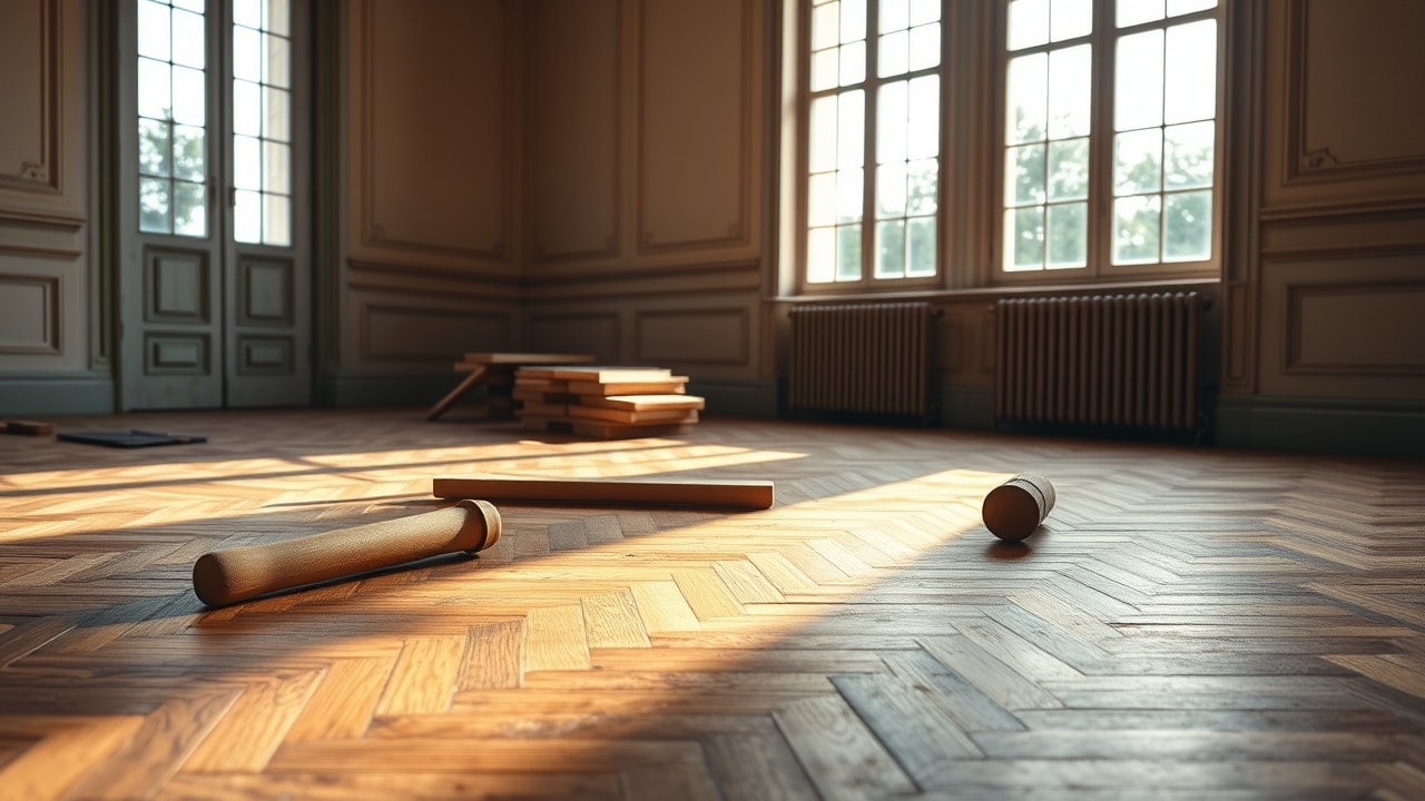 Parquet en chêne posé en point de Hongrie dans une pièce ancienne