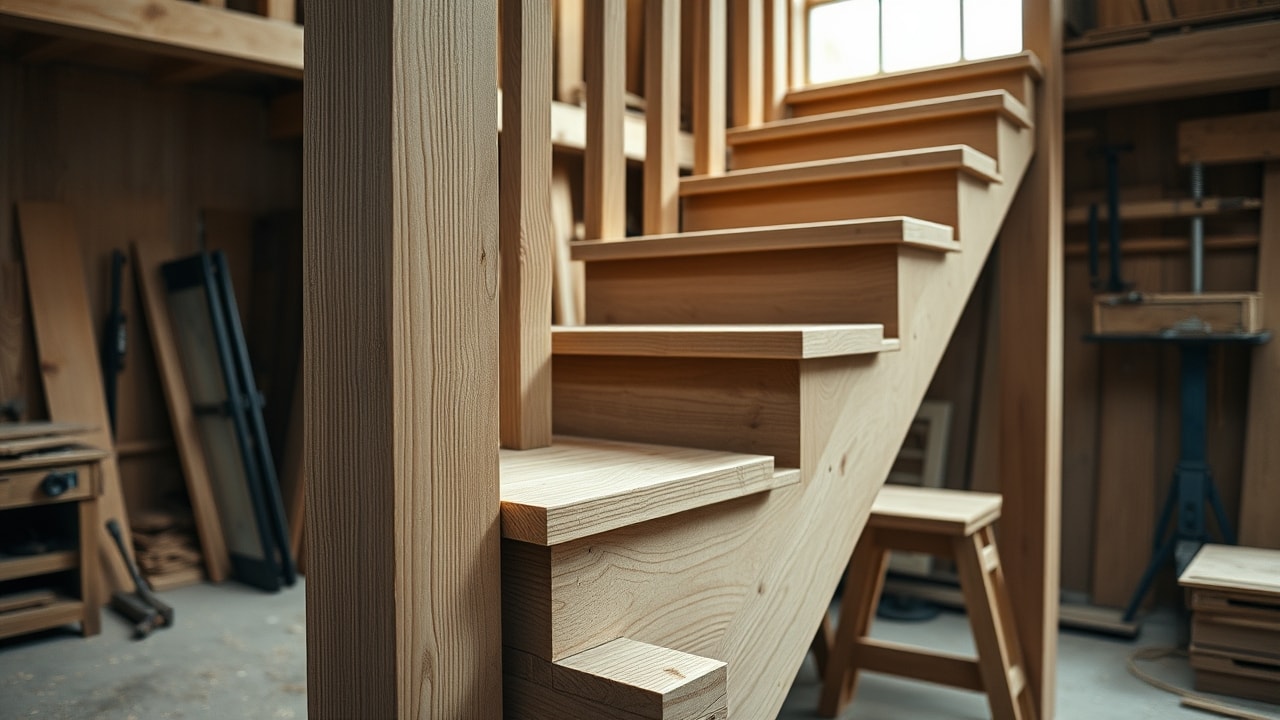 Escalier en bois massif fabriqué sur-mesure en atelier